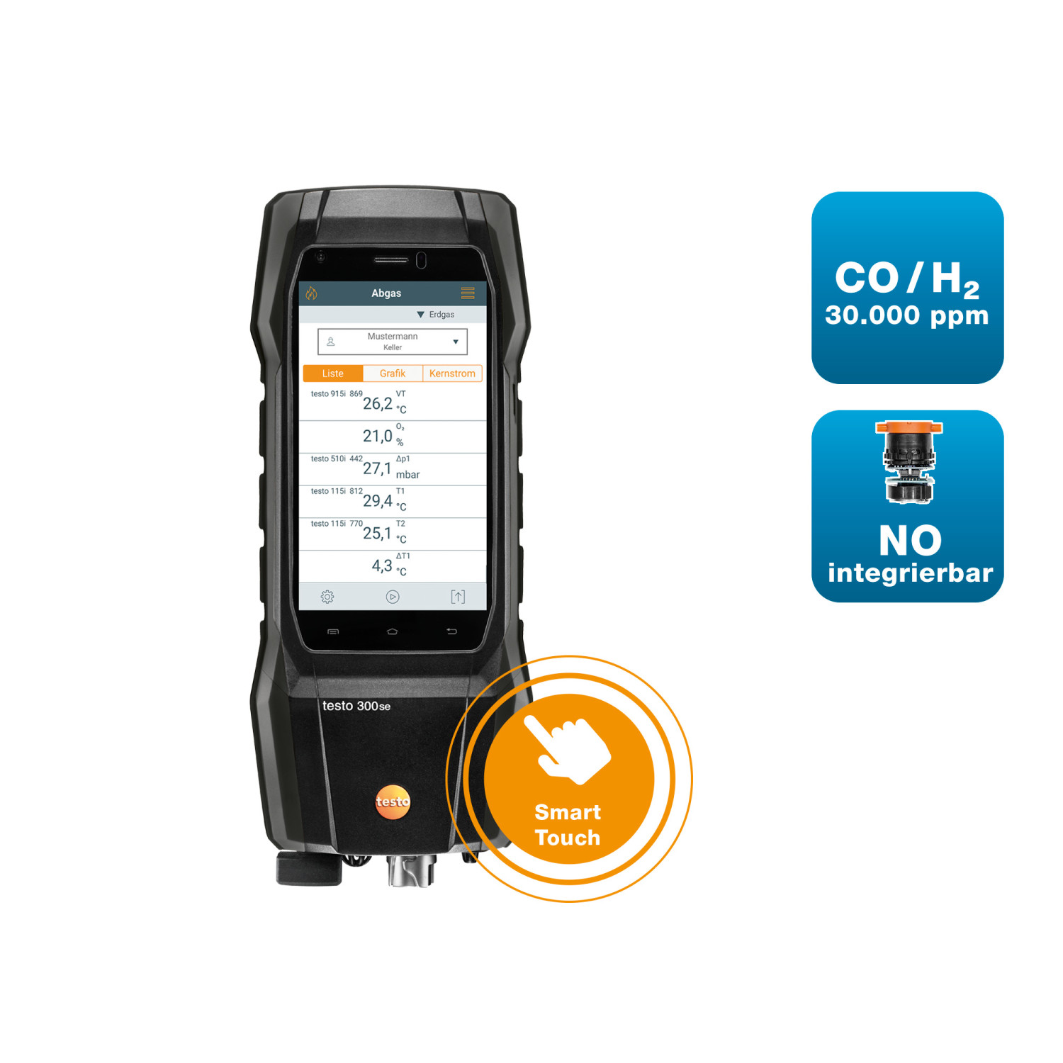 Abgasmessgerät testo 300 SE Longlife – O₂, CO H₂-kompensiert bis 30.000 ppm, NO nachrüstbar, inkl. BT® Connector