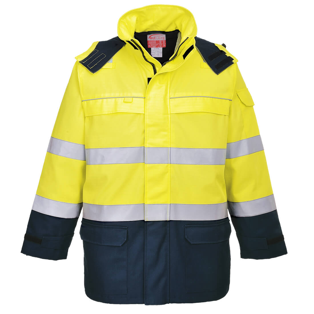 Bizflame Rain+ Hi-Vis Multinorm Kontrast FR Jacke – Störlichtbogenschutz ELIM 43 cal/cm² | Portwest FR79