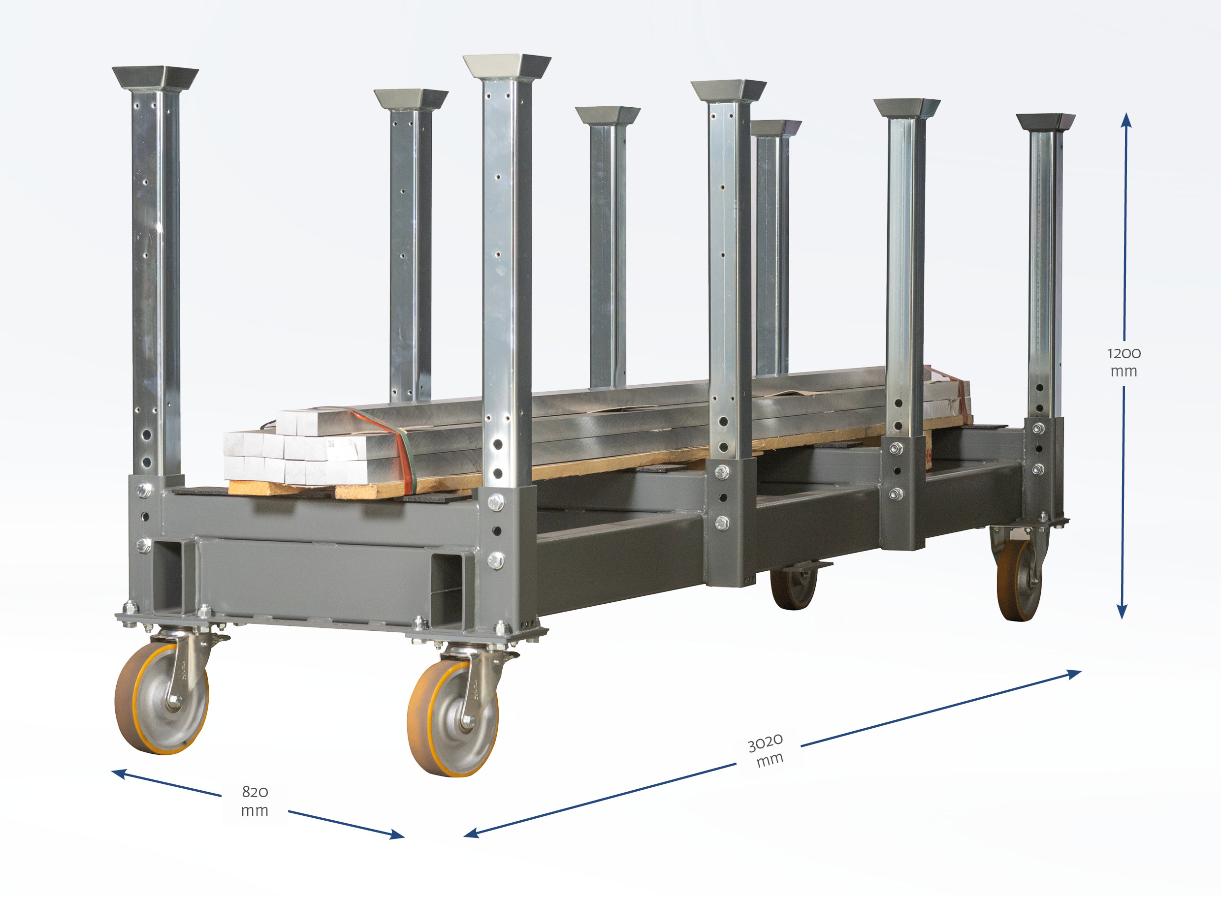 Langgutwagen für Stangen, Rohre und Profile bis 4 m, bis 3.000 kg, 3020 × 820 × 1200 mm