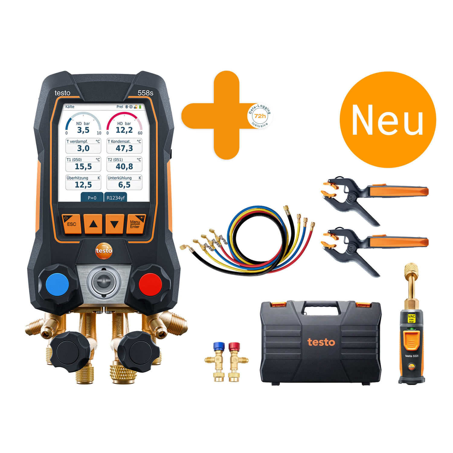 Digitale Monteurhilfe testo 558s Smart Vakuum Set mit Füllschläuchen und Befüll-/Entnahmeventil