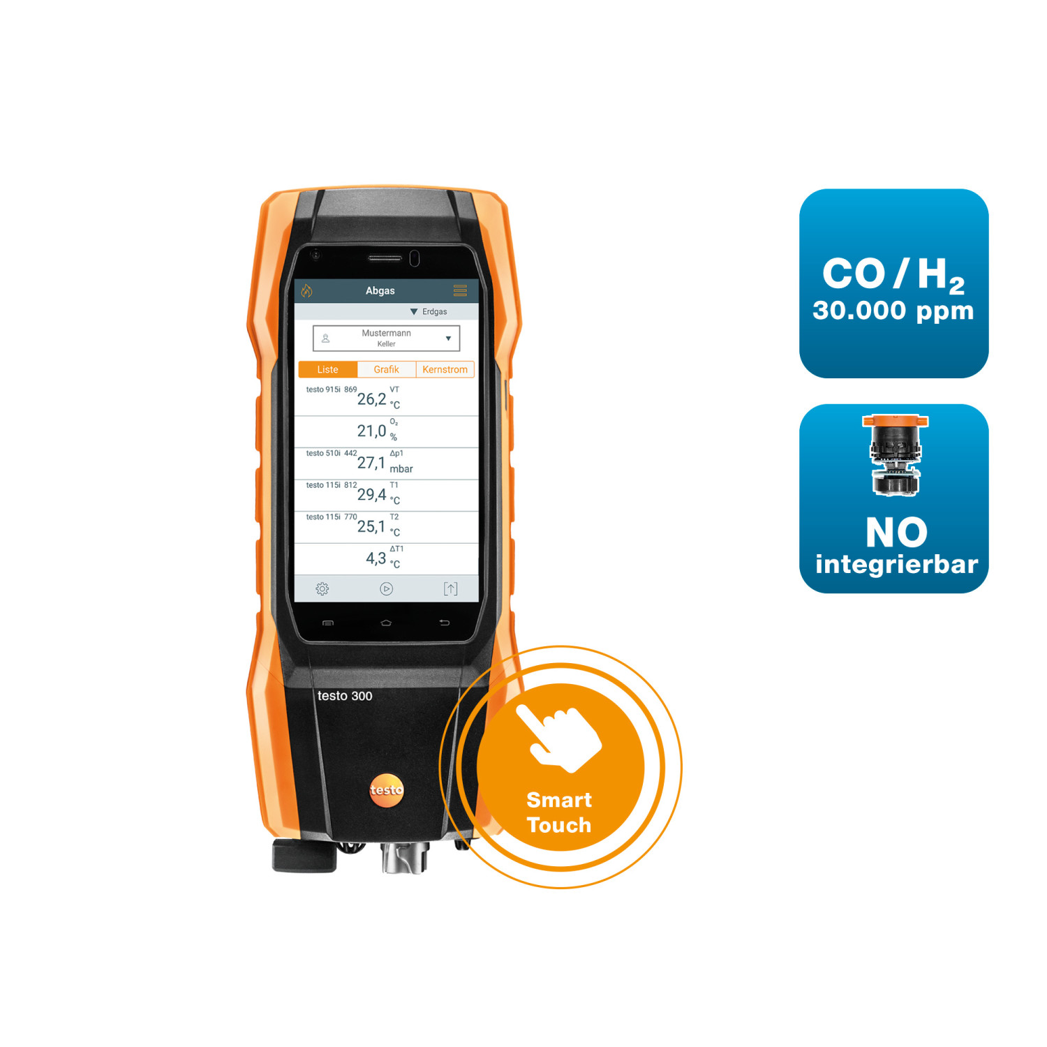 Abgasmessgerät testo 300 Longlife – O₂, CO H₂-kompensiert bis 30.000 ppm, NO nachrüstbar, inkl. BT® Connector