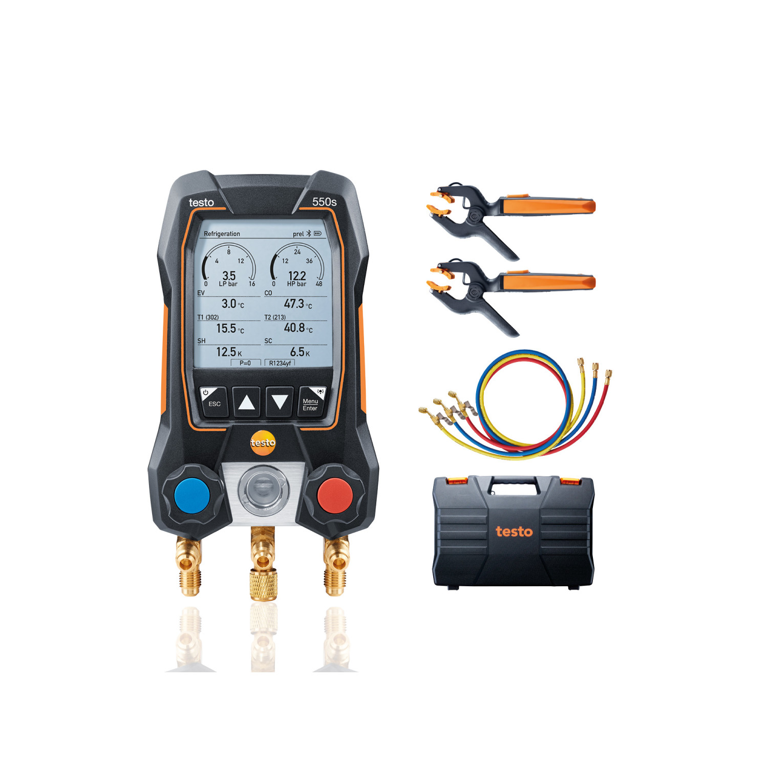 Digitale Monteurhilfe testo 550s Smart Set mit Füllschläuchen und kabellosen Zangen-Temperaturfühlern