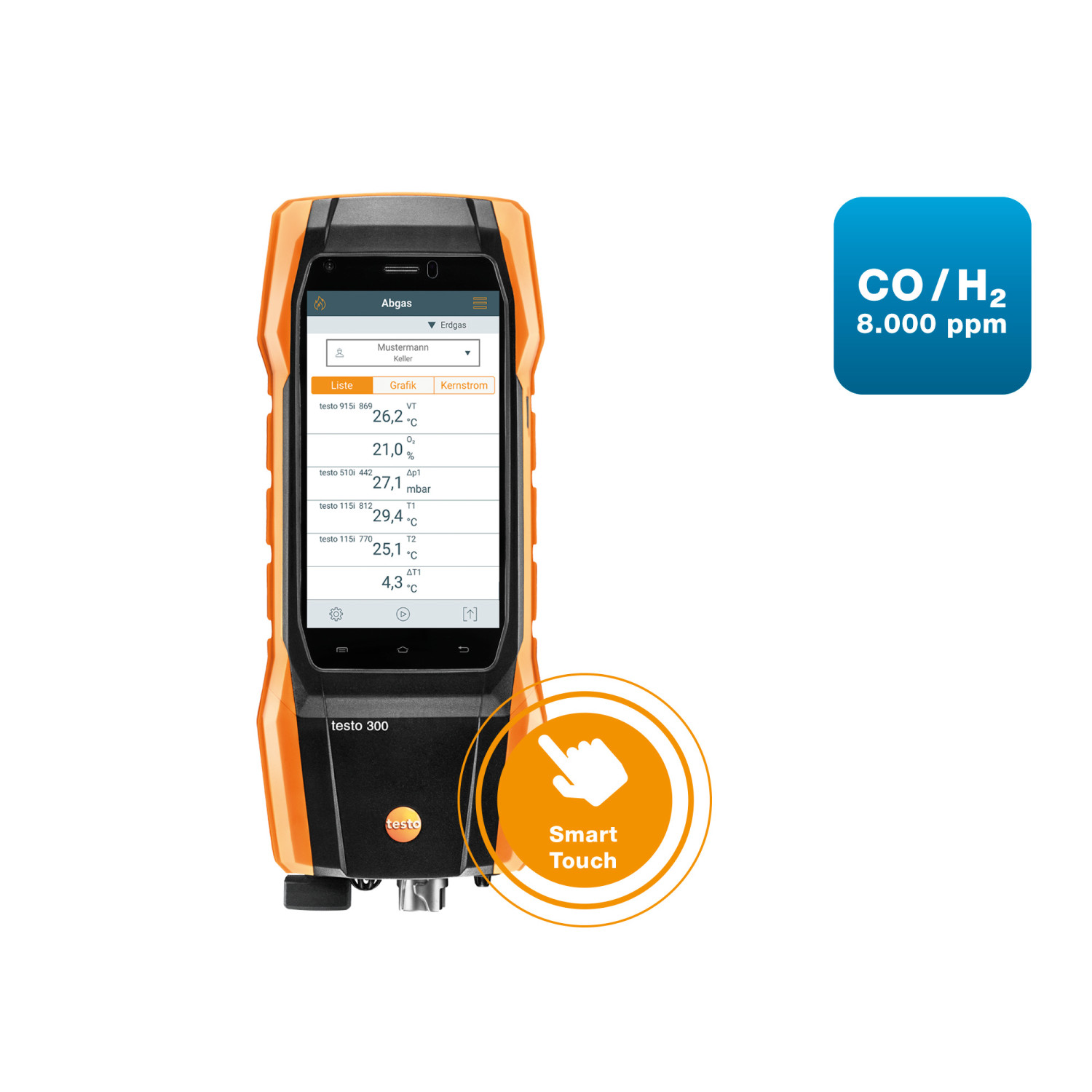 Abgasmessgerät testo 300 – O₂, CO H₂-kompensiert bis 8.000 ppm, inkl. BT® Connector