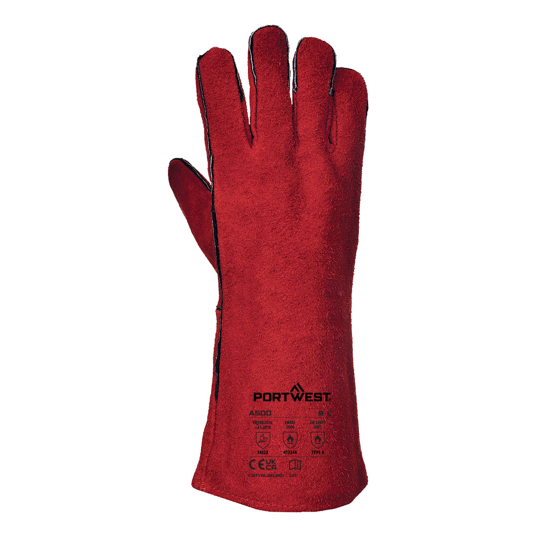 Schweißerhandschuhe 210 aus Spaltleder, rot, mit langem Stulpenteil – Schweißerhandschuh EN 12477 | Portwest A500