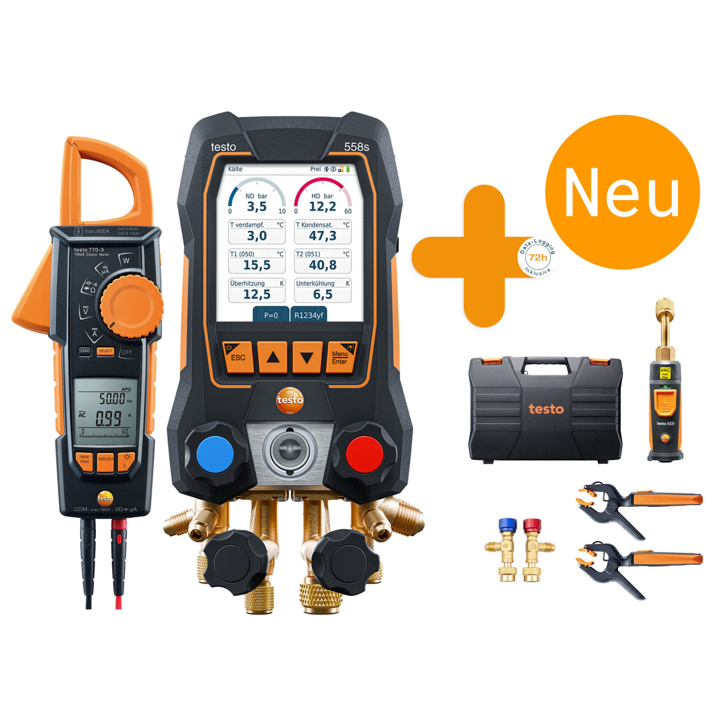 Digitale Monteurhilfe testo 558s Smart Vakuum Set mit Stromzange und Befüll-/Entnahmeventil