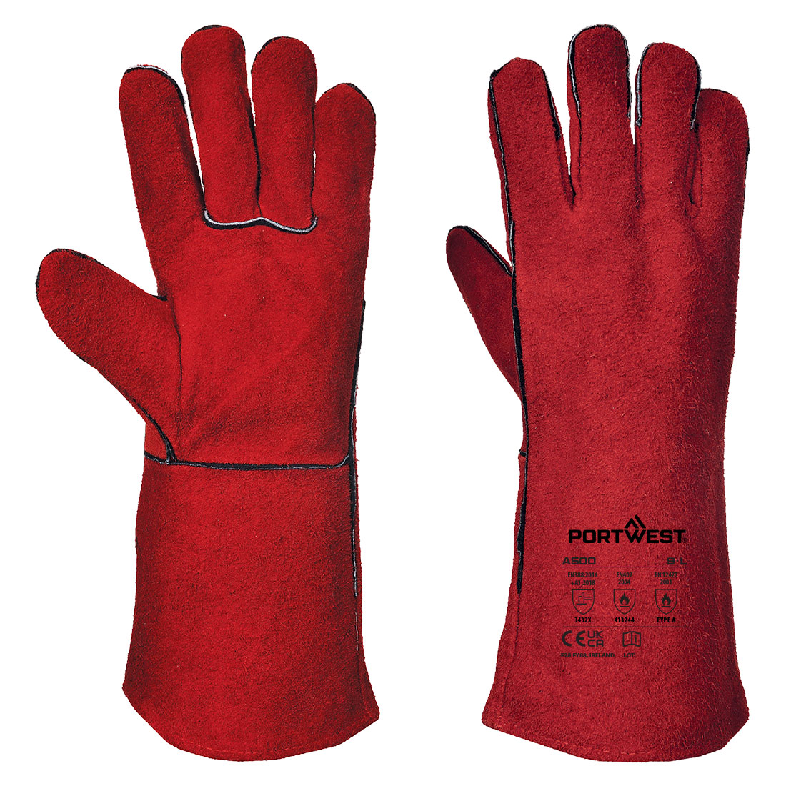 Schweißerhandschuhe 210 aus Spaltleder, rot, mit langem Stulpenteil – Schweißerhandschuh EN 12477 | Portwest A500